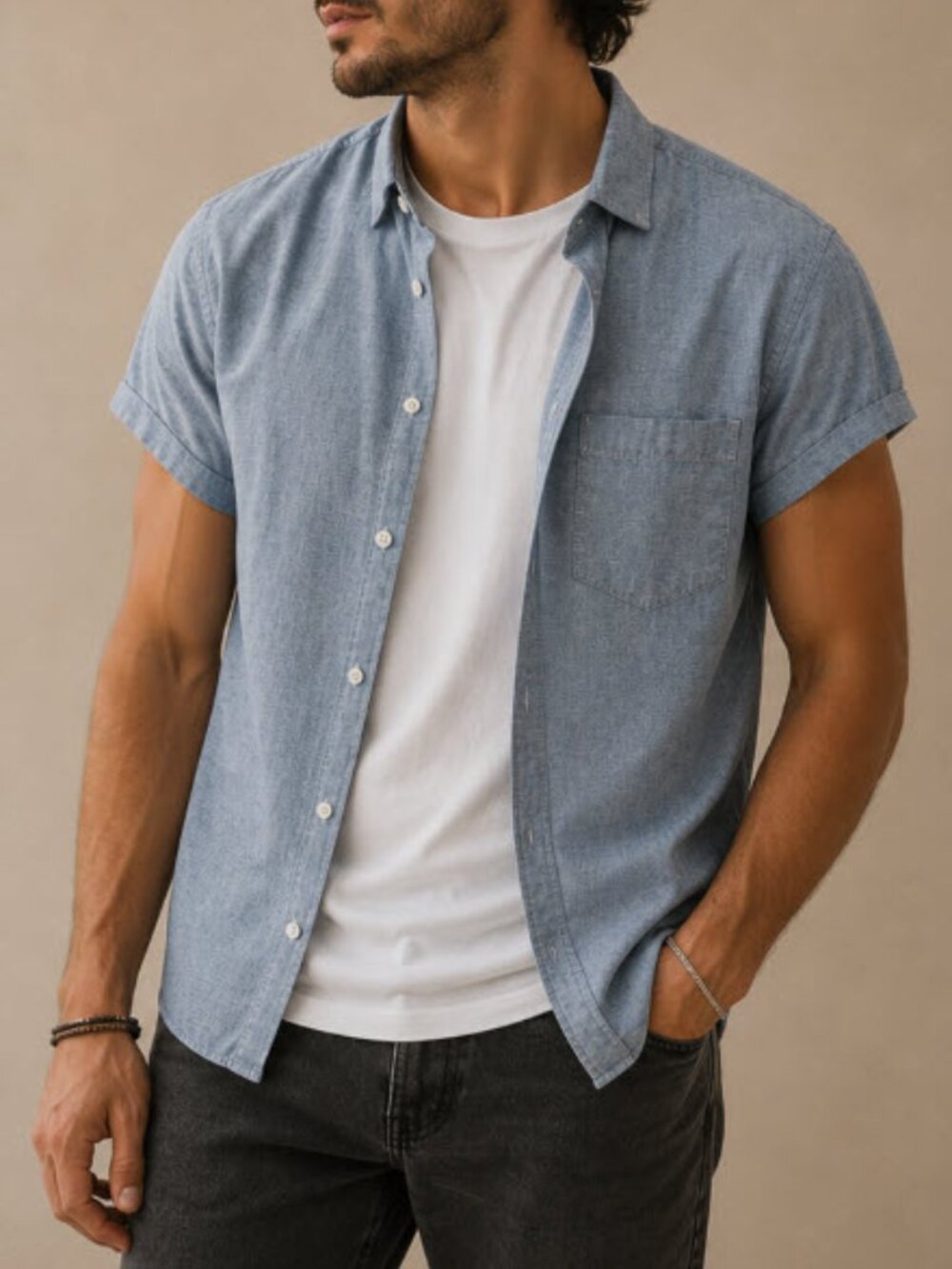 ASOS Light Blue Chambray Short Sleeve Button-Down Shirt Men's Medium